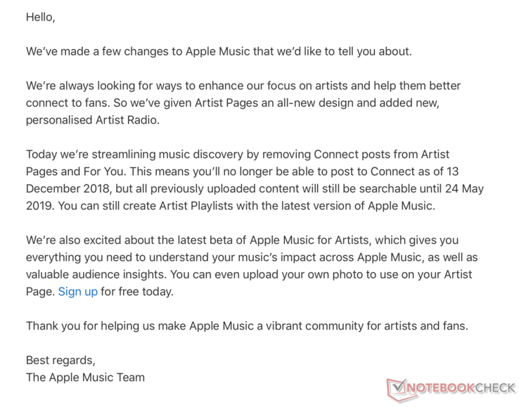 A screenshot of the email sent to artists. (Source: Notebook Check)