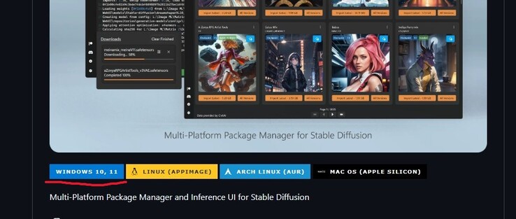 A screenshot of Stability Matrix's GitHub page with download Windows 10/11 button highlighted. (Image Source: Windows Screen Capture)