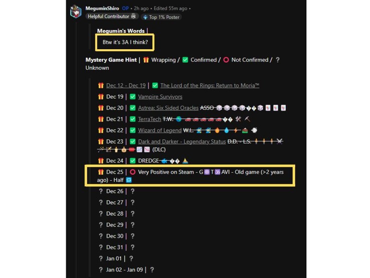 The hints, highlighted in yellow. (Image source: Reddit)