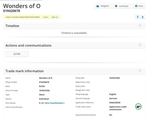 Wonders of O trademark filing#1