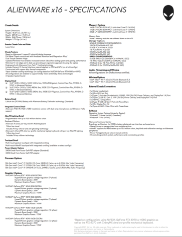 Alienware x16 with Intel Raptor Lake-H - Specifications. (Source: Dell)