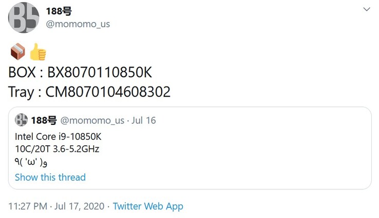 The retail box and product box and tray details of the Intel Core i9-10850K. (Image: @momomo_us/Twitter)
