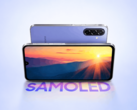 Samsung Galaxy F70 5G shown from the front and rear in a purple finish