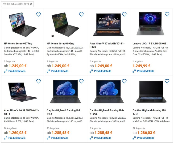 The most affordable RTX 5070 laptops (image source: Screenshot idealo)