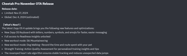 The change log for the November OTA Release for the Amazfit Cheetah Pro. (Image source: Zepp Health via Discord)