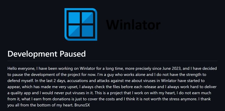 BrunoSX's message about pausing development of Winlator (Image source: GitHub)