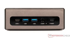 Front: USB Type-C (Data), 2x USB 3.0, 3.5 mm jack, Power on