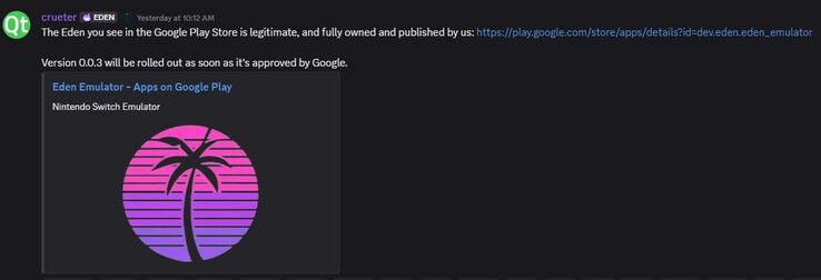 The Google Play Store launch announcement (Image source: Eden Discord)