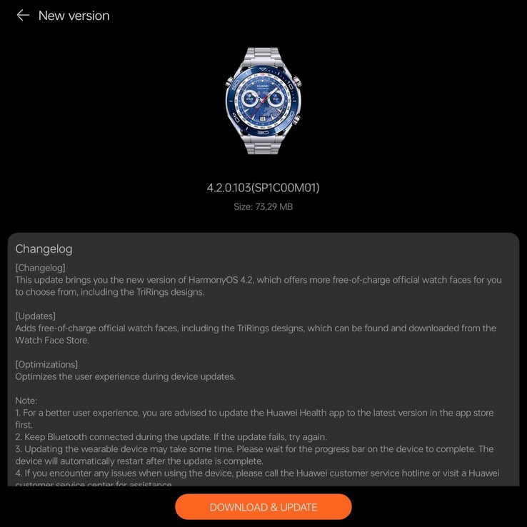 华为Watch Ultimate版本4.2.0.103的更新日志。（图片来源：@RODENT950 via X）
