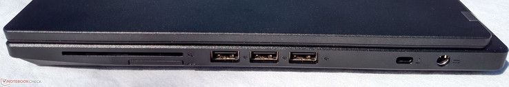Right side: Smart card reader, SD card slot, 3x USB 2.0, Kensington lock, power in