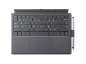 The detachable keyboard connects via pogo pins and includes stylus storage