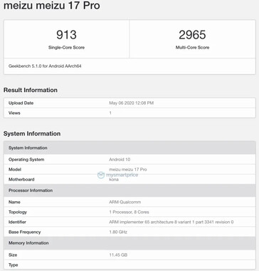 The supposed Meizu 17 series on Geekbench. (Source: Geekbench via MySmartPrice)