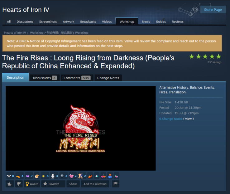 The DMCA notice on The Fire Rises : Loong Rising from Darkness' Steam community page. (Image source: Steam)