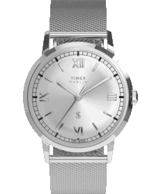 Timex x Todd Snyder Marlin Mesh dress watch with a silver sunburst dial and Milanese bracelet.