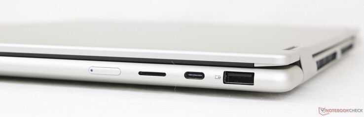 Right: Power button, MicroSD reader, USB-C (10 Gbps) w/ DisplayPort 1.4a + Power Delivery, USB-A (5 Gbps)