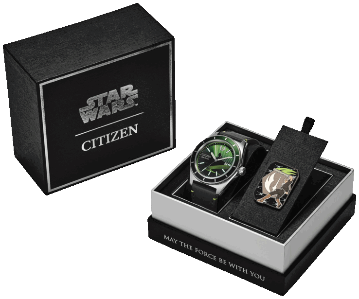 Citizen Luke Skywalker, Jedi Master AW1910-48W presented in its Star Wars-branded presentation box alongside a Luke Skywalker collectible pin.