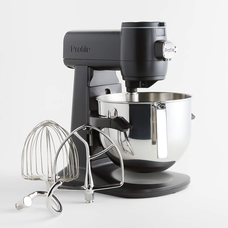 The GE Profile Smart Mixer comes with a stainless steel bowl, beater, whisk, dough hook and plastic shield. (Image source: Crate and Barrel)
