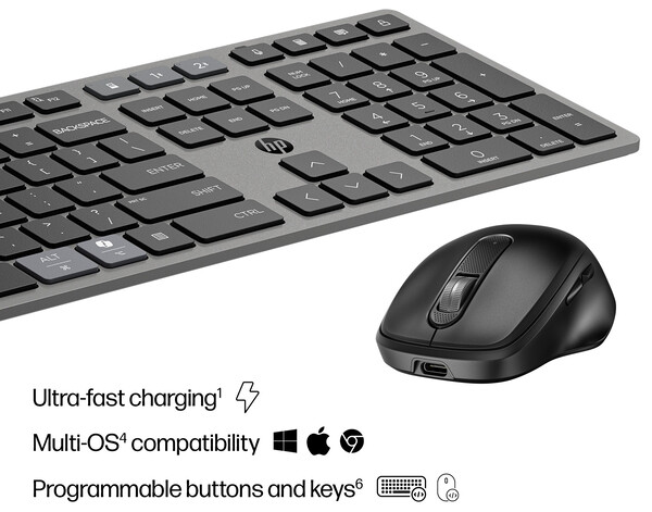 The HP 725 and HP 720 keyboard and mouse combo can connect to multiple devices and operating systems simultaneously. (Image source: HP)