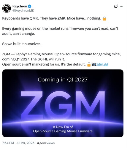 Keychron ZGM firmware announcement on X