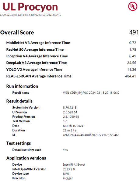 UL Procyon NPU Integer test results