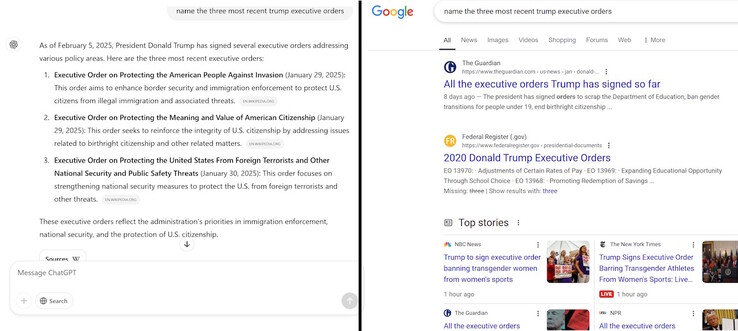 ChatGPT (left) answers questions with a proper answer rather than a list of search results like Google (right). (Image source: Notebookcheck.net)