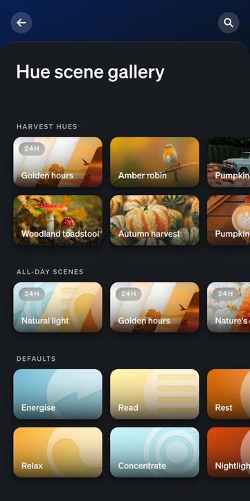 A screenshot of the new Harvest Hues collection in the Philips Hue app's scene gallery. (Image source: Own)