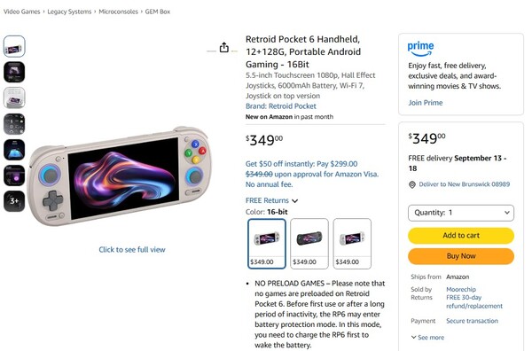 The Retroid Pocket 6 ships from Amazon's warehouse.