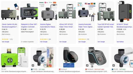 Irrigation controllers with possible smartphone control make up the largest proportion of search results.
