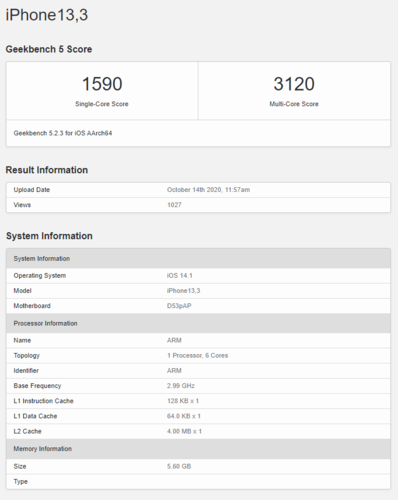 The first sighting of an iPhone with 6 GB of RAM has underwhelming multi-core performance. (Image source: Geekbench)