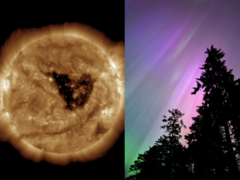 A geomagnetic storm at this time of year is significant due to the Russell-McPherron effect. Pictured - coronal hole in the sun (left) and Northern lights (right) (Image source: NOAA, Anubhav Sharma/Notebookcheck)