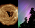 A geomagnetic storm at this time of year is significant due to the Russell-McPherron effect. Pictured - coronal hole in the sun (left) and Northern lights (right) (Image source: NOAA, Anubhav Sharma/Notebookcheck)