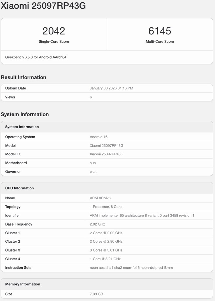 Geekbench listing of the Xiaomi Pad 8's global variant.