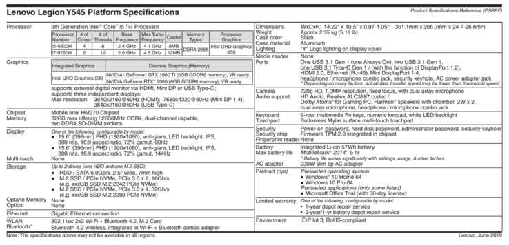 Lenovo Legion Y545 specs. (Source: Lenovo)