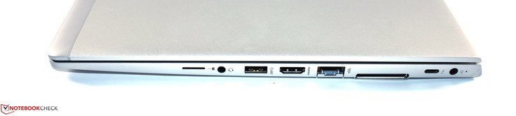 right: SIM slot, combined audio, USB 3.0 Type A, HDMI, Ethernet, docking port, Thunderbolt 3, power supply