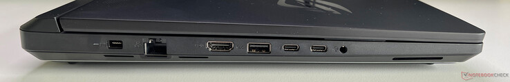 Left: power supply, Ethernet (2.5 GBit/s), HDMI 2.1 FRL, USB-A 3.2 Gen 2 (10 GBit/s), 2x USB-C 4.0 with Thunderbolt 5 (120 GBit/s, DisplayPort, Power Delivery), 3.5 mm audio