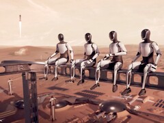 Render of Optimus robots on Mars.