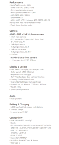 Xiaomi Redmi Note 9T - Specifications. (Image Source: Xiaomi)