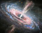 An illustration showing a black hole and a quasar.