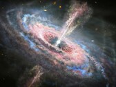 An illustration showing a black hole and a quasar.
