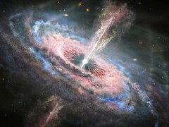An illustration showing a black hole and a quasar.