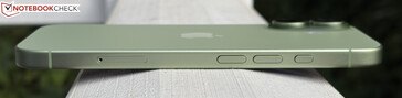 Left: SIM slot, volume buttons, action button
