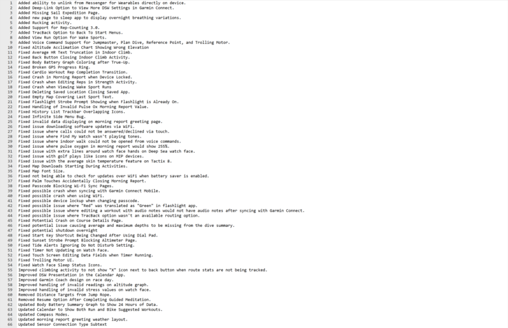 The change log for beta version 15.16 for the Garmin Fenix 8 and related smartwatches. (Image source: Garmin)