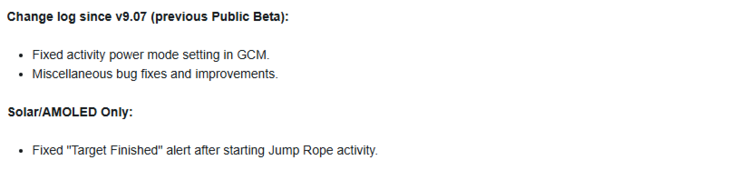 The release notes for beta version 9.09 for the Garmin Instinct 3 and related smartwatches. (Image source: Garmin)