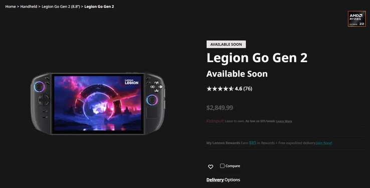 Legion Go 2 listing on Lenovo's website. 