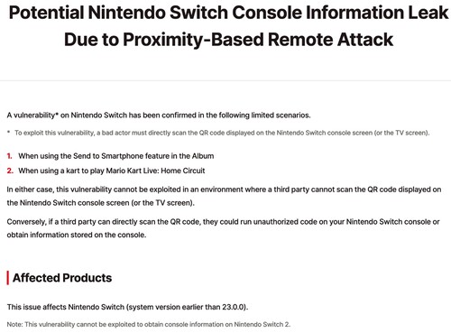 Nintendo Switch QR code exploit warning