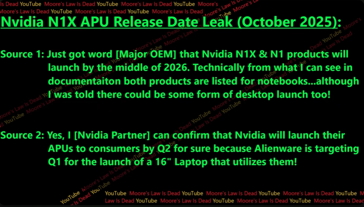 Nvidia N1X release date rumors. (Image source: Moore's Law Is Dead on YouTube)