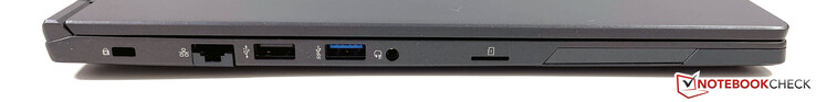 Left: Kensington lock, Ethernet, USB-A 2.0, USB-A 3.2 (Gen. 1), headphone jack, microSD card reader