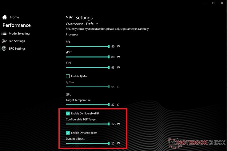 XMG lists TGP and Dynamic Boost values in its app, but NVIDIA has removed the Highest Graphics Performance value from its release drivers. (Image source: NotebookCheck)