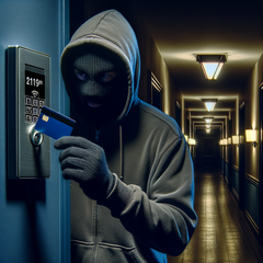 Criminals can open all Saflok RFID secured doors on a property using one keycard to create a master keycard. (Source: AI Image Dall-E 3)