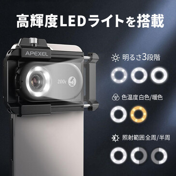 The APL-MS200 ring LED ring lights have 3 brightness settings, two color temperatures, and can be set to light objects from only the right or left side. (Image source: Asanuma)